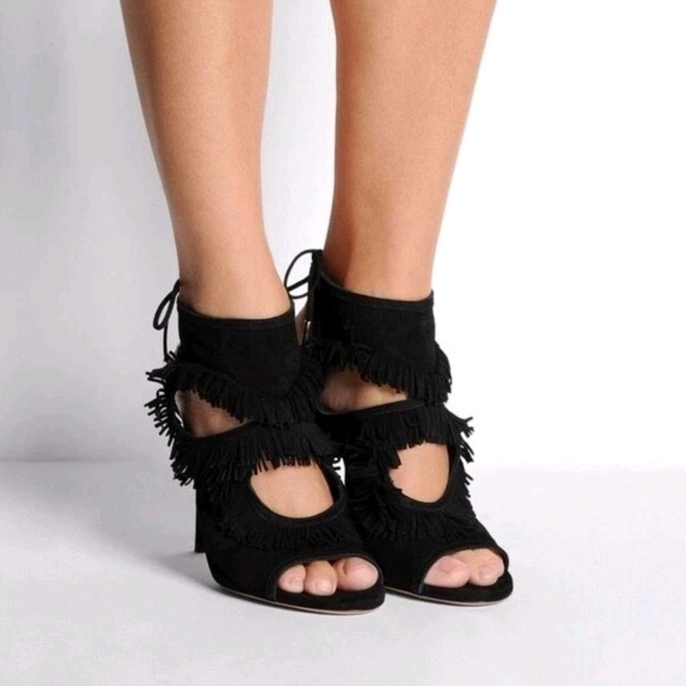 Aquazzura Sexy Fringe 105 Black Suede Cutout Sandal Heels 37.5/7.5 Women's